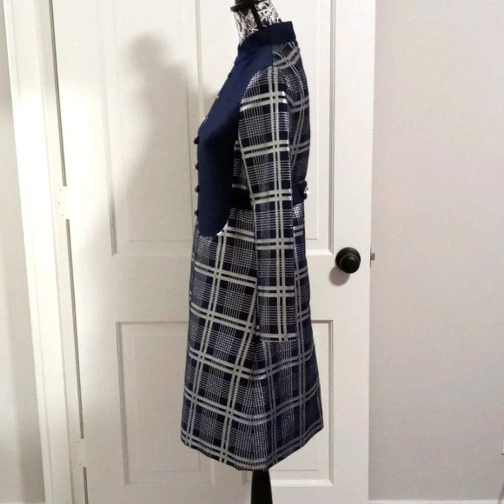 💙VTG 1960s Oscar de la Renta💙 - Navy Silk & Silver Metallic Plaid Mod Dress - Picture 10 of 16